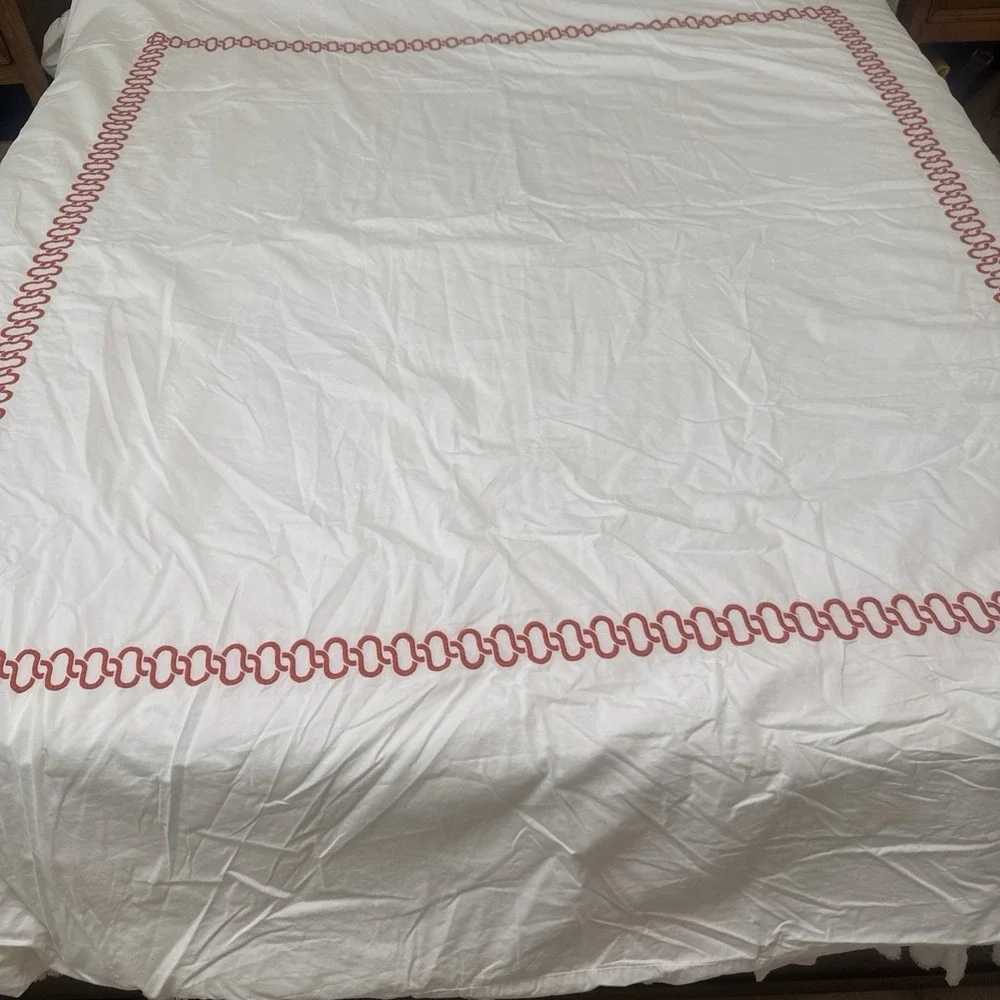 Serena & Lily Duvet Cover White Embroidered Orange Geometric 100% Cotton